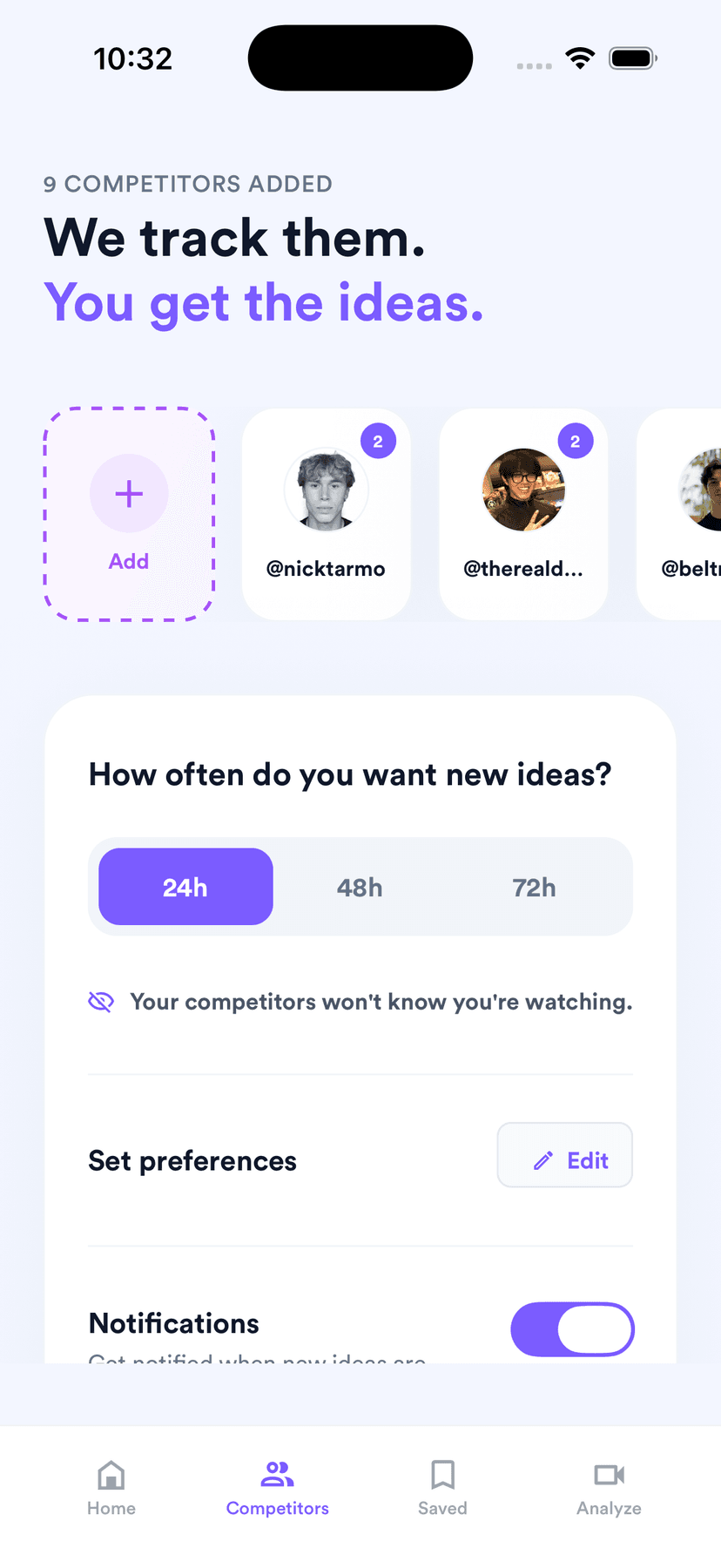 Competitors list screen showing tracked accounts